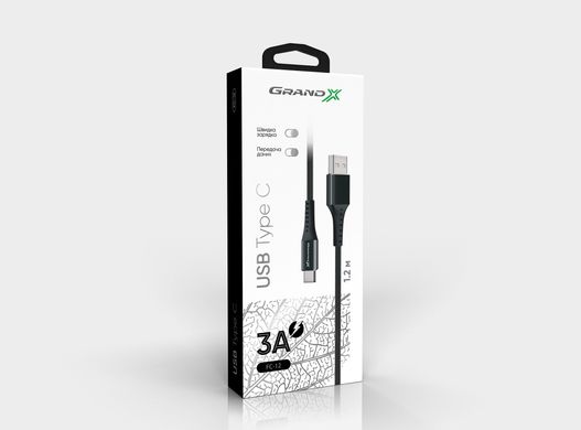 Кабель Grand-X USB-type C FC-12B 3A, 1.2m, Fast Сharge, Black товст.нейлон оплетення, преміум BOX