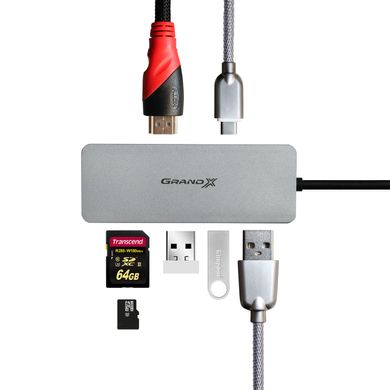 USB 3.1 Type-C 3-port HUB Grand-X PD charging, SD/MICRO SD reader + HDMI + TypeC (SG-512)