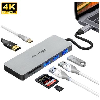 USB 3.1 Type-C 3-port HUB Grand-X PD charging, SD/MICRO SD reader + HDMI + TypeC (SG-512)