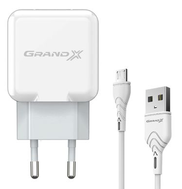 Зарядное устройство Grand-X CH-03UMW USB 5V 2,1A White с защитой от перегрузки+cable Micro USB