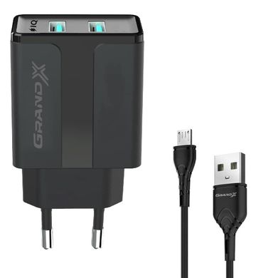 Зарядное устройство Grand-X CH-15UMB 5V 2,4A 2USB Black + DC cable USB/Micro USB 1m
