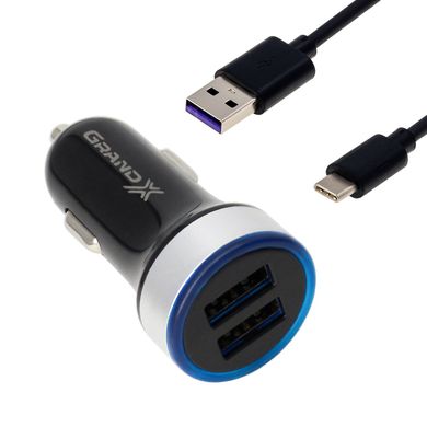 Автомобильное зарядное устройство Grand-X 2,4A, 12-24V, 2USB + cable USB -> TypeC, Cu, 1m (CH-06TC)