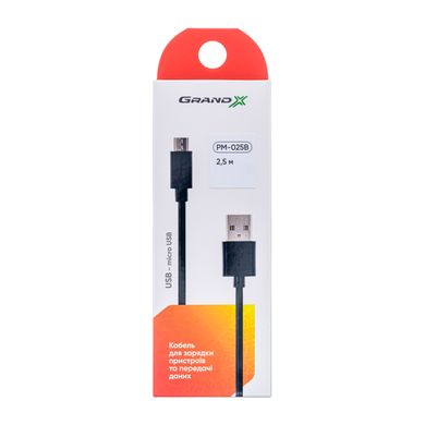Кабель Grand-X USB-micro USB PM025B,100% мідь, 2.5m, Black, BOX