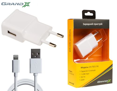 Зарядное устройство Grand-X CH765LTW USB 5V 1A White c защитой от перегрузки + cable USB-Lightning