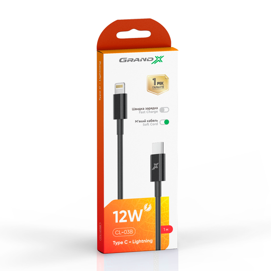 Кабель Grand-X TypeC-Lightning 12W для зарядки iPhone Black CL-03B