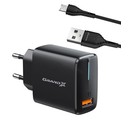 Зарядний пристрій Grand-X Quick Charge QC3.0 + USB-micro USB 2,1A, 1m, Black/Gold доп.защита-оплетка. CH-550BM