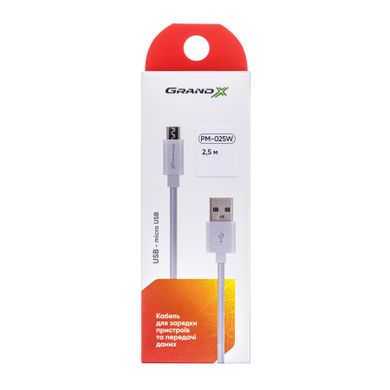 Кабель Grand-X USB-micro USB PM025W,100% медь, 2.5m, White BOX