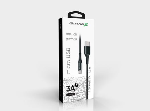 Кабель Grand-X USB-micro USB FM-12B 3A, 1.2m, Fast Сharge, Black товст.нейлон оплетення, преміум BOX