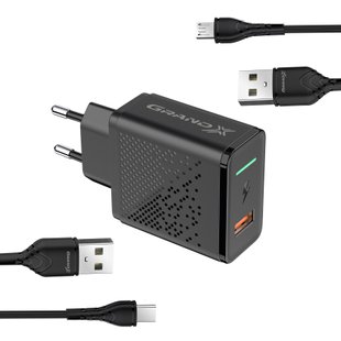 Зарядний пристрій Grand-X Fast Charge 3-в-1 QC3.0, FCP, AFC, 18W +microUSB +TypeC CH-650MT