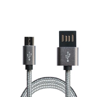 Кабель Grand-X USB-micro USB FM02 2,1A, 1m, 100% мідь, Grey/Black симетр розєм, дод.захист - обплетення, Гіфтбокс