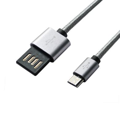 Кабель Grand-X USB-micro USB FM02 2,1A, 1m, Grey/Black симметр разьем, доп.защита - оплетка.Гифтбокс