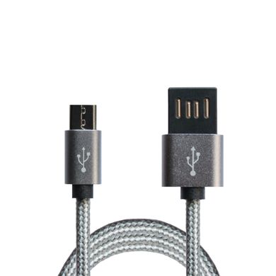 Кабель Grand-X USB-micro USB FM02 2,1A, 1m, Grey/Black симметр разьем, доп.защита - оплетка.Гифтбокс