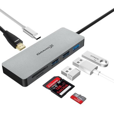 OTG TypeC USB-хаб + Мультикартрідер Grand-X 3xUSB 3.0 + HDMI + TypeC + microSD/SD (SG-512)