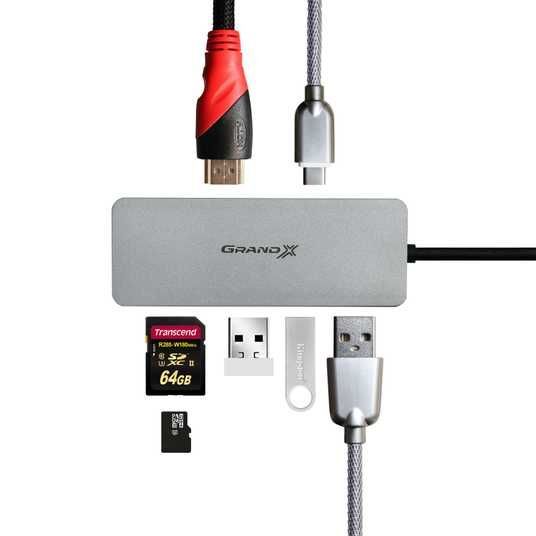 USB 3.1 Type-C 3-port HUB Grand-X PD charging, SD/MICRO SD reader