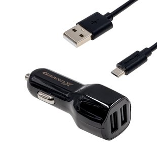 Автомобільний зарядний пристрій Grand-X 2,4A, 12-24V, Black 2USB 5V/2.1A + DC cable USB/Micro USB,1m ,(CH-26M)