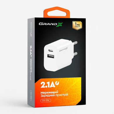 Зарядний пристрій Grand-X CH-21W USB-A + Type-C 5V 2,1A White з захистом від пернавантаження