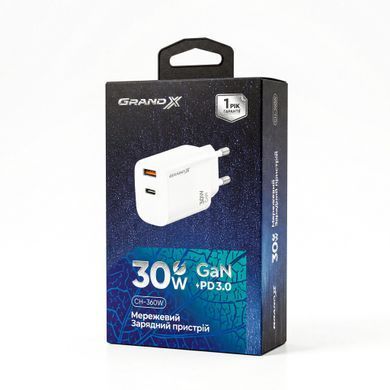 Зарядний пристрий Grand-X CH-360W USB A+Type-C + USB-A Quick Charge QС3.0 білий