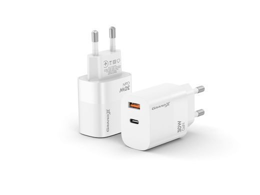 Зарядний пристрий Grand-X CH-360W USB A+Type-C + USB-A Quick Charge QС3.0 білий