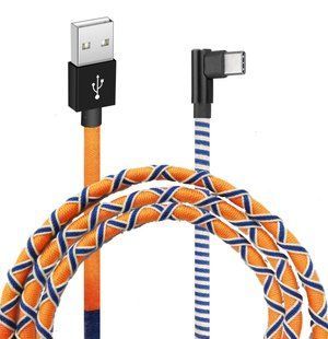 Кабель Grand-X крафтовий, ручна робота USB-TypeC FC-08OB 2,1A, 1m, Orange/Blue, кут. TypeC