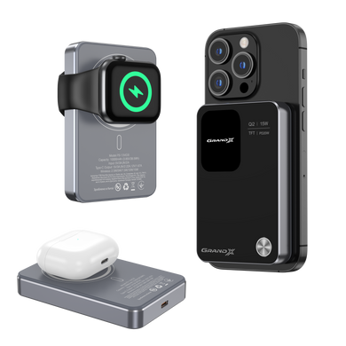 Універсальна мобільна батарея Power Bank Grand-X PB-10MDB 10000 mAh Magsafe Qi2 15W з дисплеєм чорний