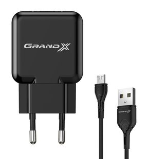 Зарядний пристрій Grand-X CH-03UMB USB 5V 2,1A Black з захистом від перенавантажень + cable USB -> micro USB, Cu)