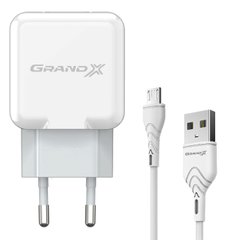 Зарядний пристрій Grand-X CH-03UMW USB 5V 2,1A White з захистом від перенавантажень + cable USB -> micro USB, Cu)