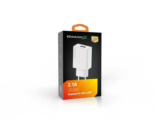 Зарядное устройство Grand-X CH-03W USB 5V 2,1A White с защитой от