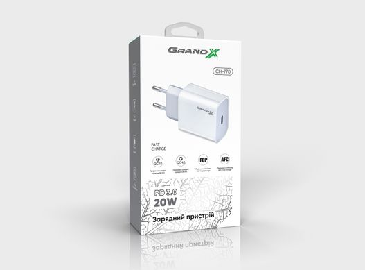 Зарядное устройство Grand-X CH-770 20W PD 3.0 USB-C для Apple iPhone и Android QC4.0,FCP,AFC