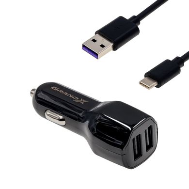 Автомобильное зарядное устройство Grand-X 2,4A, 12-24V, 2USB + cable USB -> TypeC, Cu, 1m (CH-26TC)
