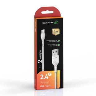 Кабель Grand-X USB-TypeC PC-02W 2,4A, 2m