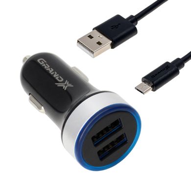 Автомобильное зарядное устройство Grand-X 2,4A, 12-24V, 2USB + cable USB -> micro USB,Cu,1m (CH-06M)