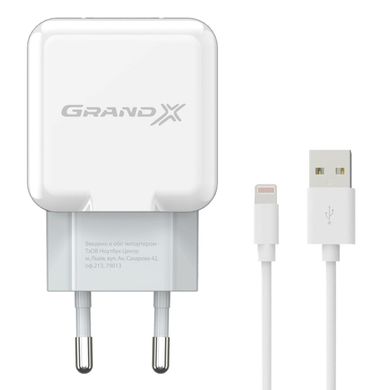 Зарядний пристрій Grand-X CH03LTW USB 5V 2,1A White з захистом від перенавантажень + cable USB -> Lightning, Cu