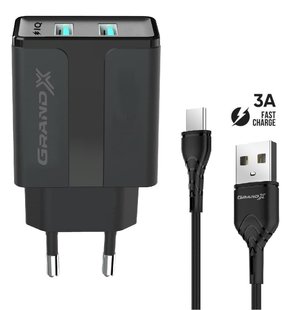 Зарядний пристрій Grand-X CH-15T 5V 2,4A 2USB Black з захистом від перенавантаження + cable USB -> Type C