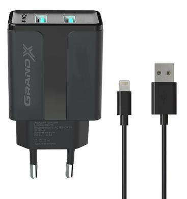 Зарядний пристрій Grand-X CH15LTB 2USB 5V 2,4A Black з захистом від перенавантажень + cable USB-Lightning