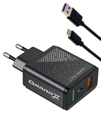 Зарядное устройство Grand-X CH-850T 22.5W Super Fast 5-в-1 QC 3.0, AFC, SCP,FCP, VOOC, 1 USB+TypeC
