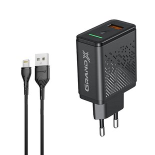 Зарядний пристрій Grand-X Fast Charge 3-в-1 QC3.0, FCP, AFC, 18W +кабель USB-Lightning CH-650L