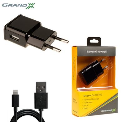 Зарядний пристрій Grand-X CH765LTB USB 5V 1A Black з захистом від перенавантажень + cable USB-Lightning